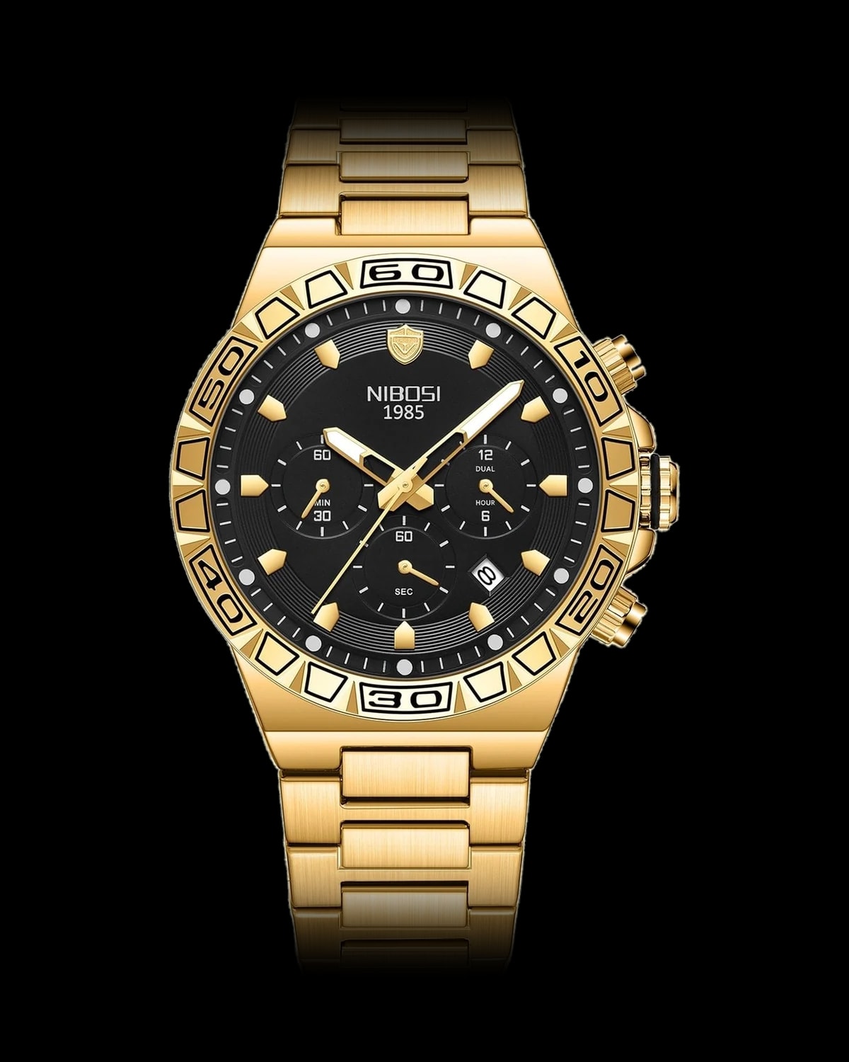 Reloj NIBOSI 1985 Titan Crono, dorado · esfera negra — referencia NB-TTN-GDBK