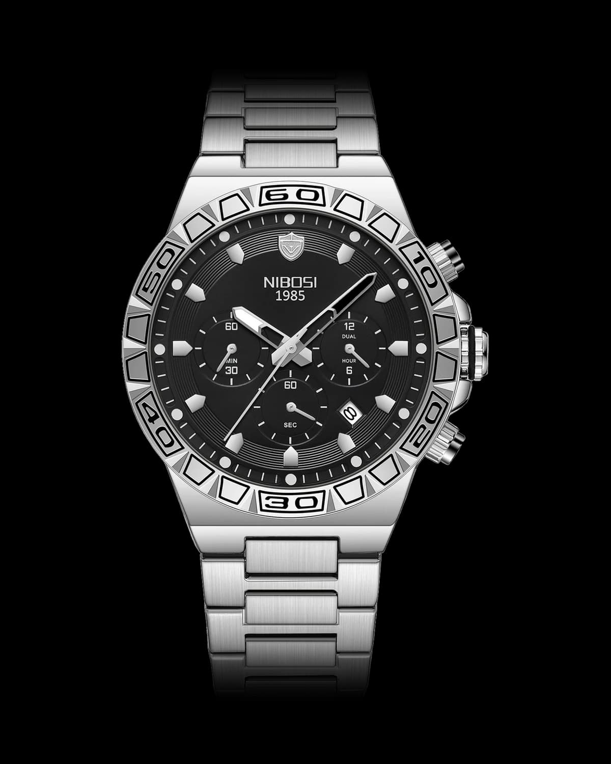 Reloj NIBOSI 1985 Titan Crono, acero · esfera negra — referencia NB-TTN-SVBK
