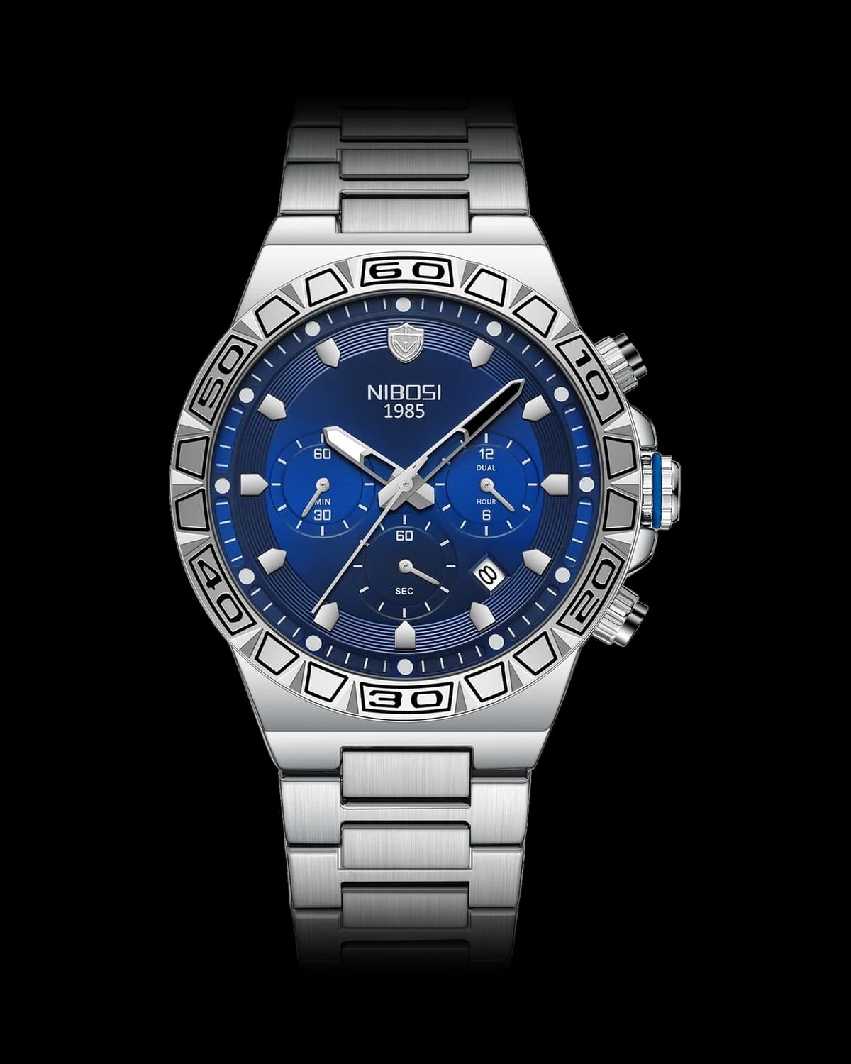 Reloj NIBOSI 1985 Titan Crono, acero · esfera azul — referencia NB-TTN-SVBL