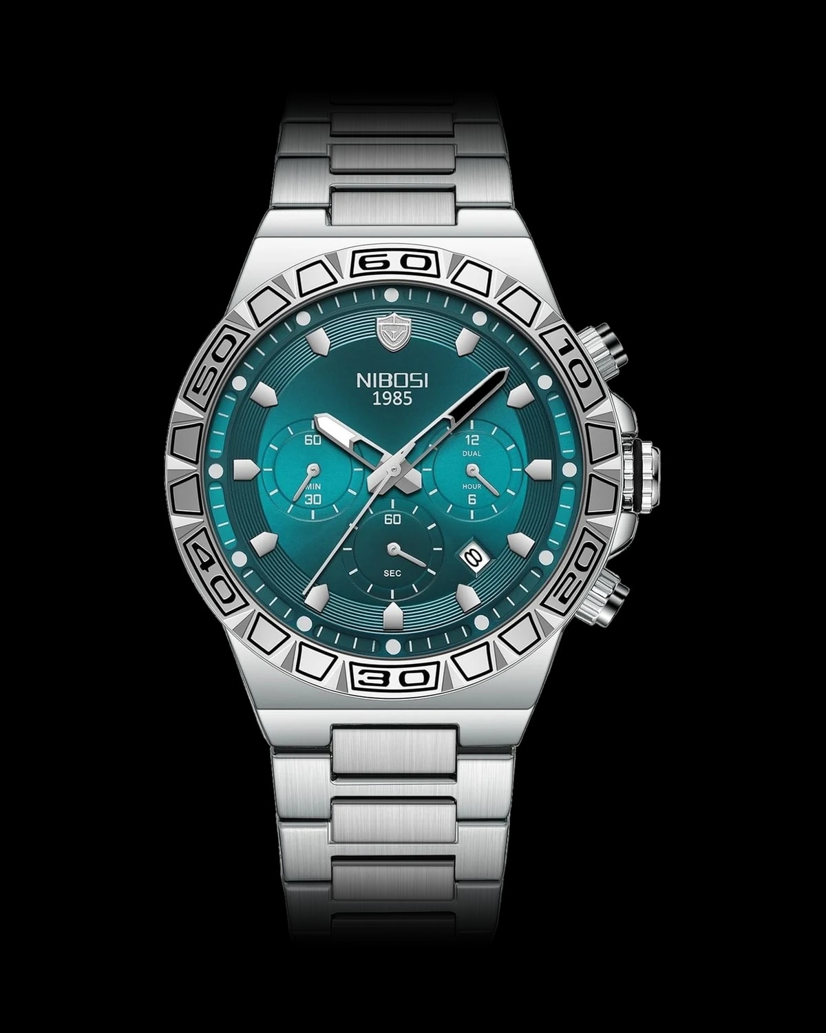 Reloj NIBOSI 1985 Titan Crono, acero · esfera turquesa — referencia NB-TTN-SVTL