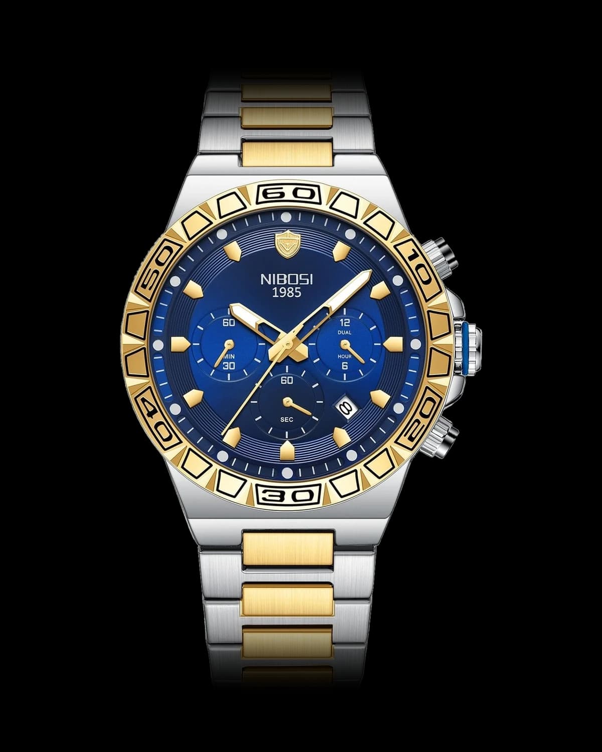 Reloj NIBOSI 1985 Titan Crono, bicolor · esfera azul — referencia NB-TTN-TTBL