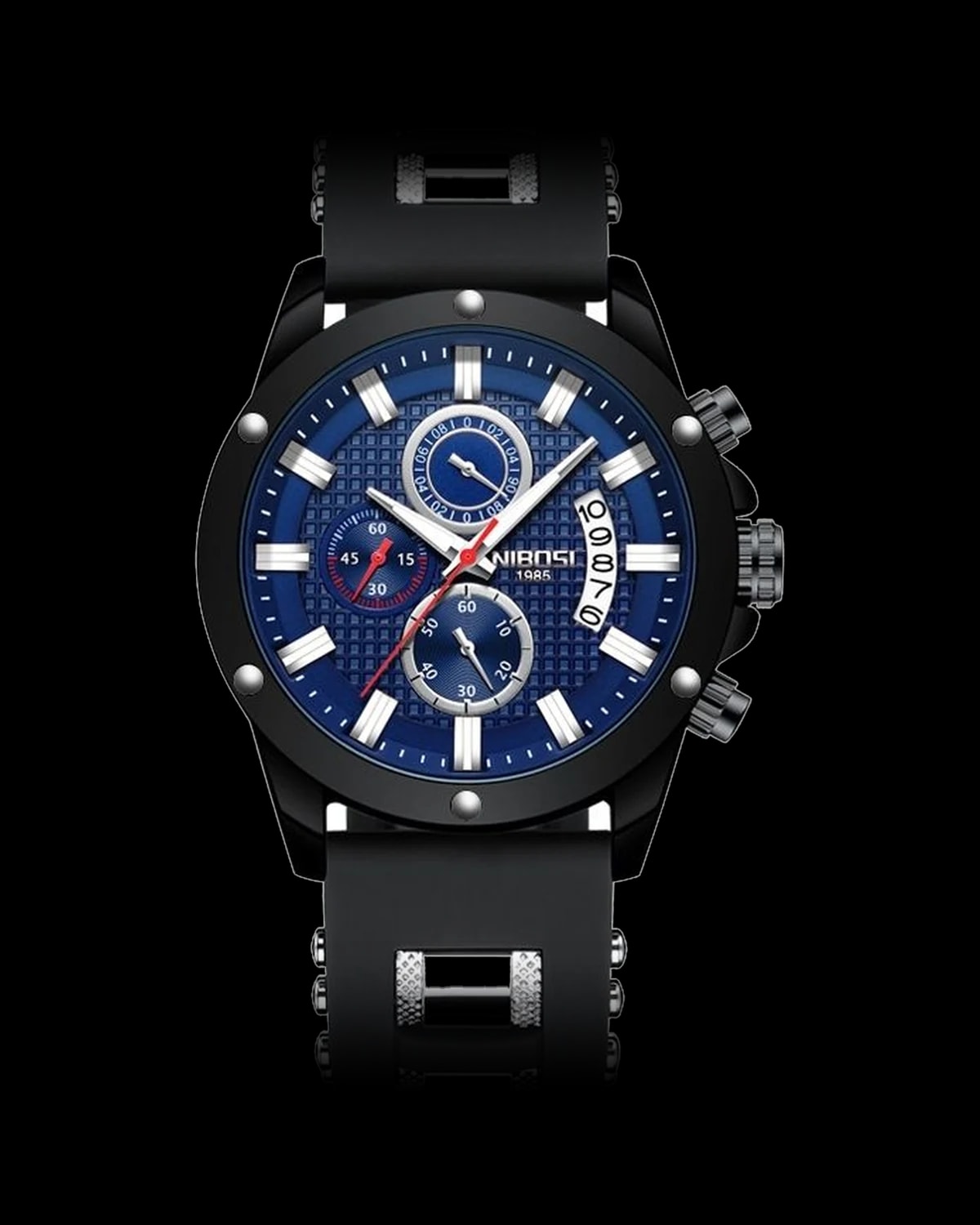 Reloj NIBOSI 1985 Trooper Crono, negro · esfera azul · correa silicona negra — referencia NB-TRP-BKBL-RBK