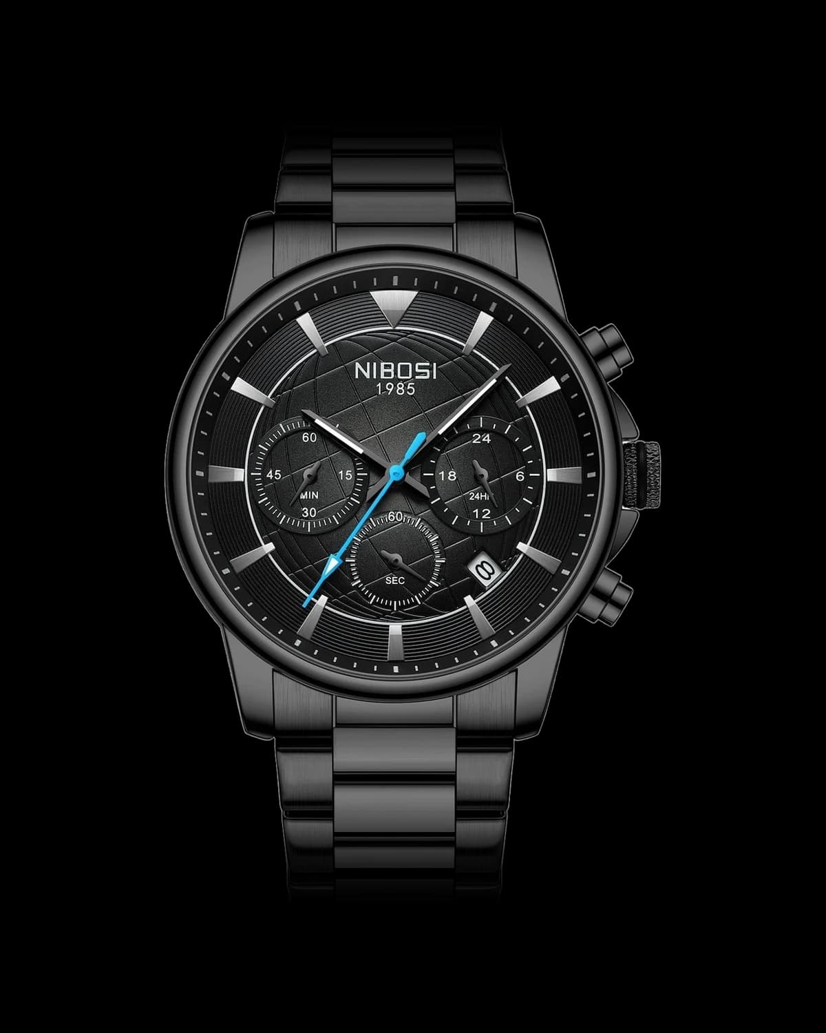 Reloj NIBOSI 1985 Voyager Crono, negro · esfera negra — referencia NB-VYG-BKBK