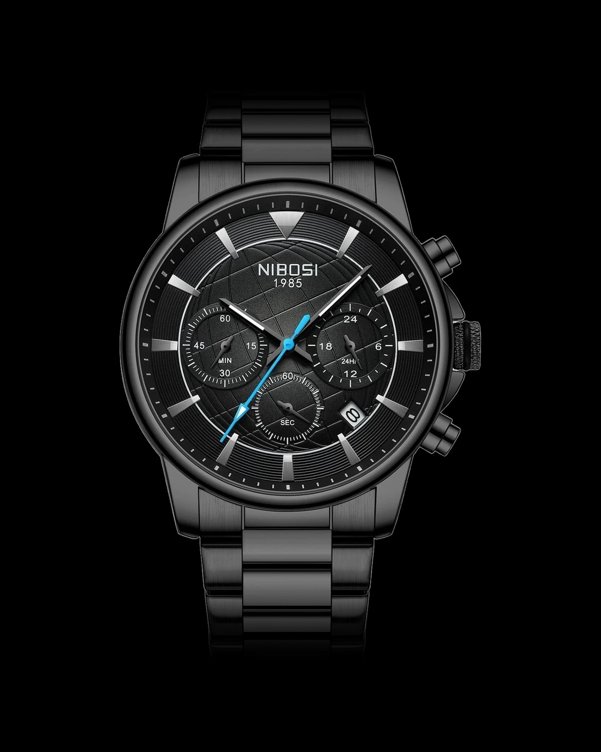 Reloj NIBOSI 1985 Voyager Crono, negro · esfera negra — referencia NB-VYG-BKBK