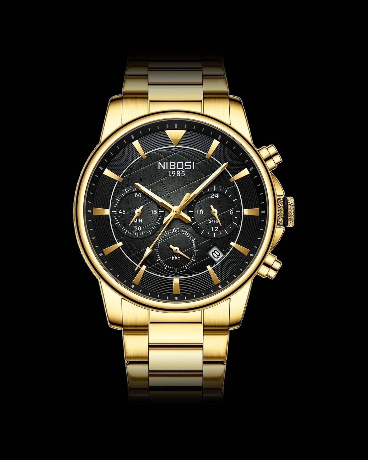 Reloj NIBOSI 1985 Voyager Crono, dorado · esfera negra — referencia NB-VYG-GDBK