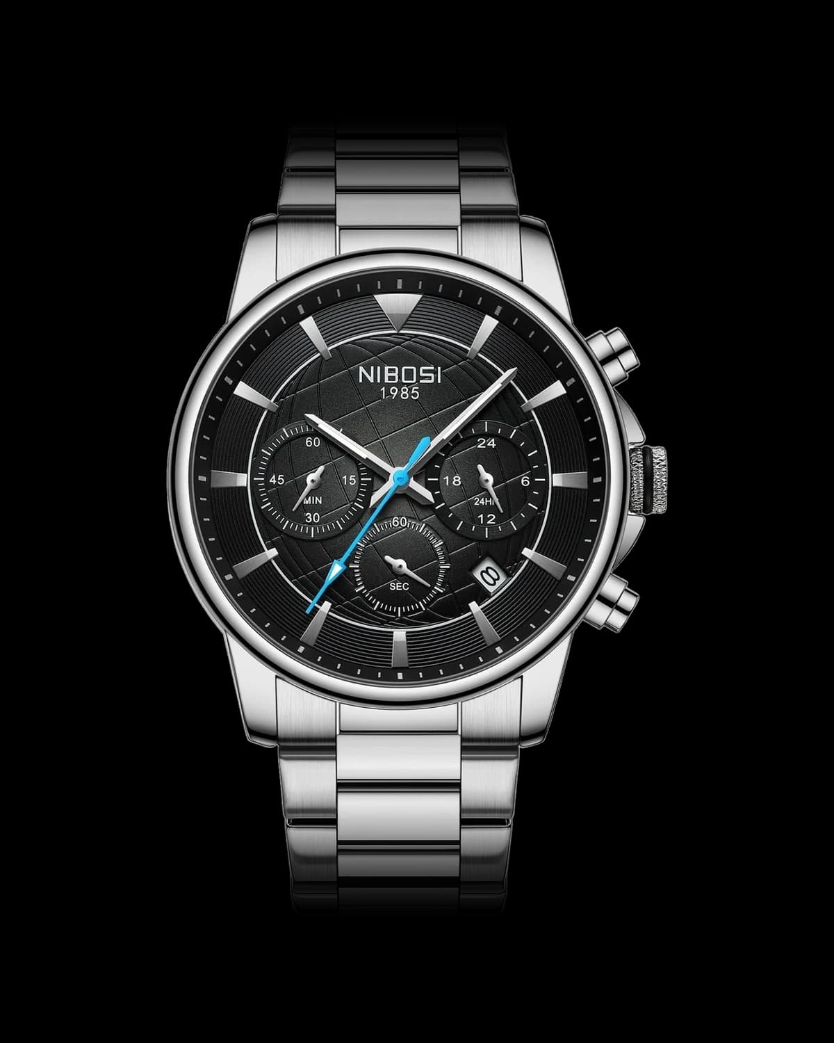 Reloj NIBOSI 1985 Voyager Crono, acero · esfera negra — referencia NB-VYG-SVBK