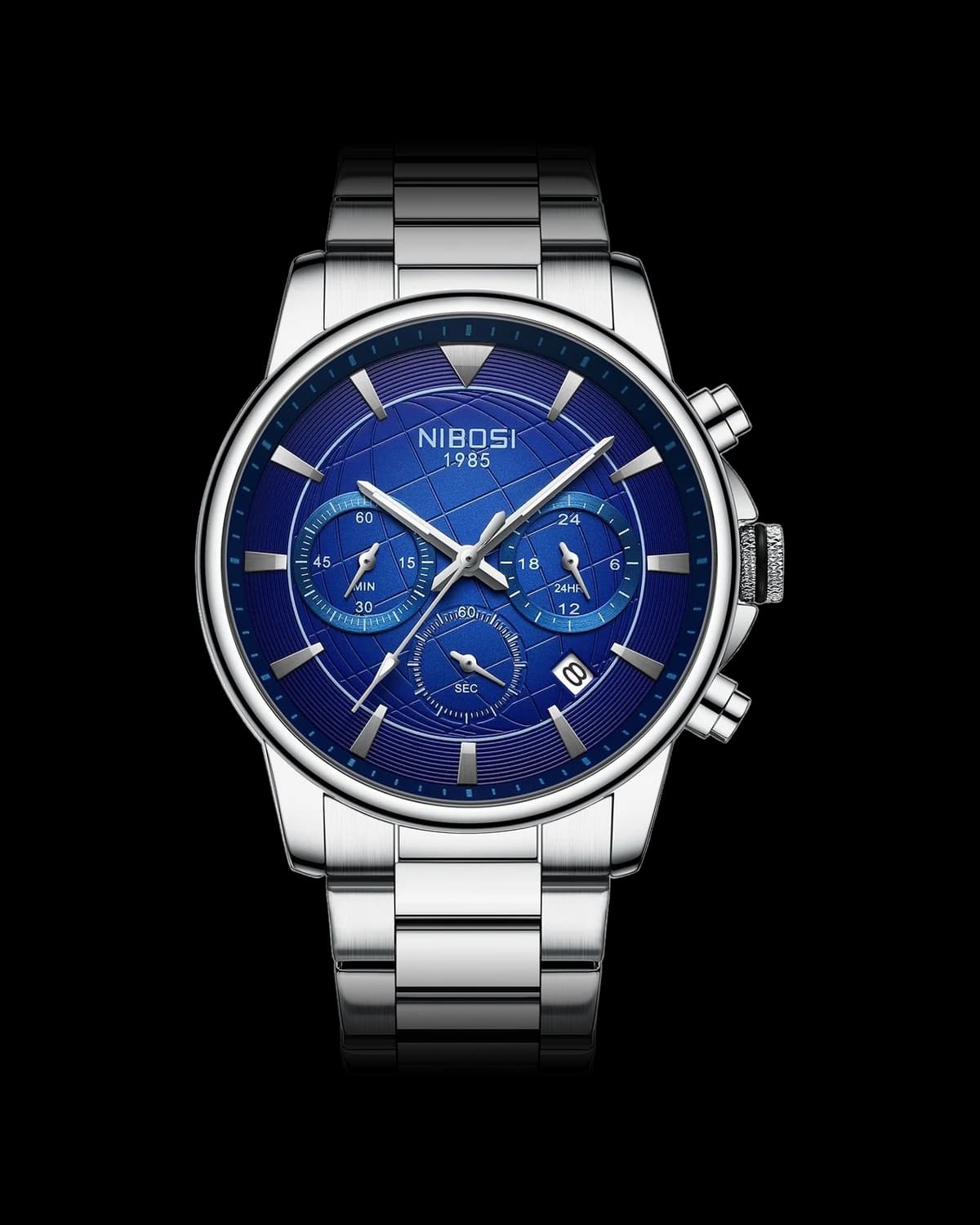 Reloj NIBOSI 1985 Voyager Crono, acero · esfera azul — referencia NB-VYG-SVBL