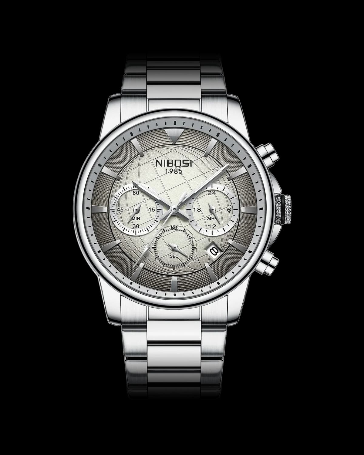 Reloj NIBOSI 1985 Voyager Crono, acero · esfera gris — referencia NB-VYG-SVGR