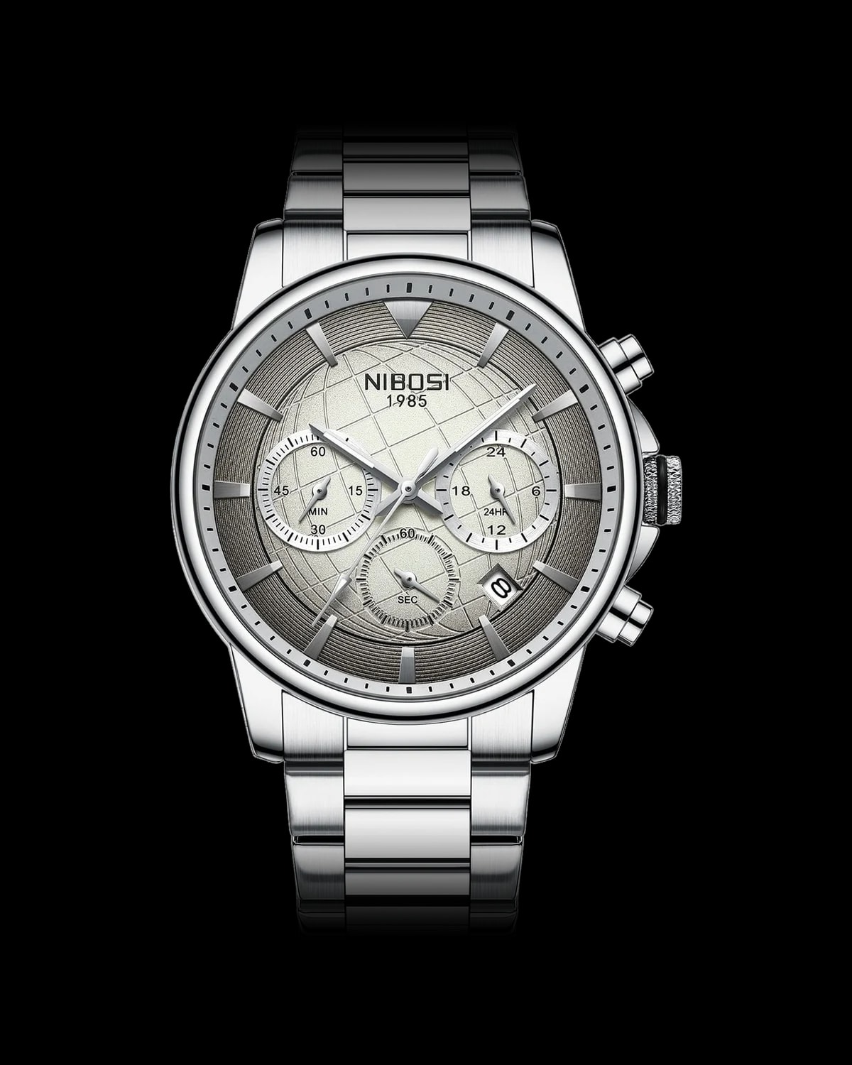Reloj NIBOSI 1985 Voyager Crono, acero · esfera gris — referencia NB-VYG-SVGR